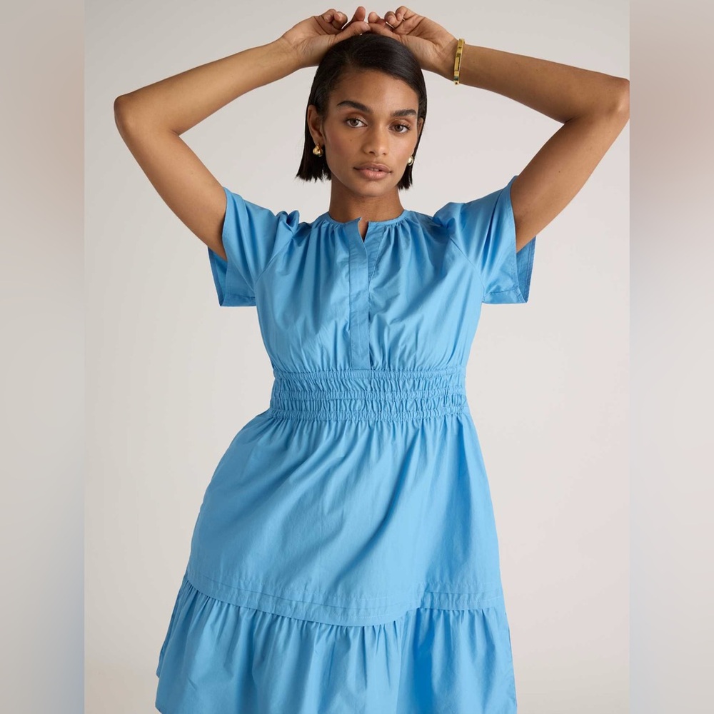 Quince Sky Blue Short Sleeve Smocked Waist Tiered Mini Dress - Picture 9 of 13